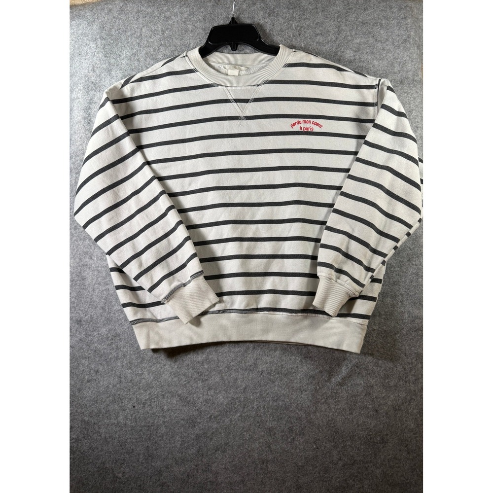 HM Womens Striped Sweatshirt Medium White Black Perdu Mon Coeur à Paris Pullover
